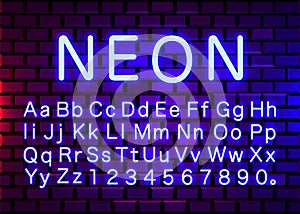 Neon light color blue font. English alphabet and numbers sign