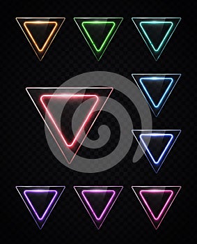 Neon light color set of shining rounded triangle.