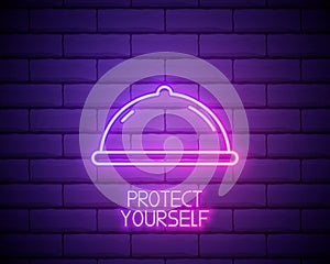 Neon light. Condom in package safe sex sign icon. Safe love symbol. Glowing graphic design. Brick wall. Vector