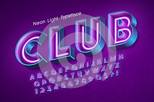 Neon light 3d alphabet, extra glowing font.