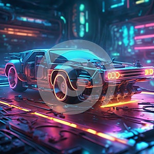 Neon light engine car is a custom car that has been outfitted with neon lights, typically on the undercarriage, wheels, and grille