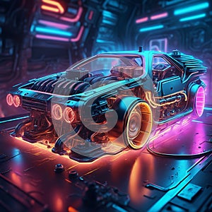 Neon light engine car is a custom car that has been outfitted with neon lights, typically on the undercarriage, wheels, and grille