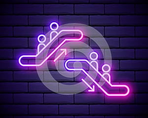 Neon light. Escalator staircase icon. Elevator moving stairs down and up symbol. Glowing graphic design. Brick wall. Vector