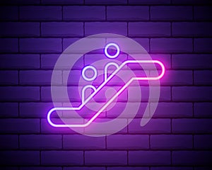 Neon light. Escalator staircase icon. Elevator moving stairs down and up symbol. Glowing graphic design. Brick wall. Vector