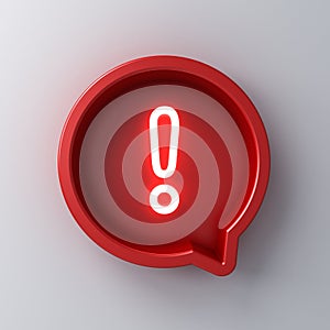 Neon light exclamation mark icon in red round speech bubble box 3d social media notification on white wall