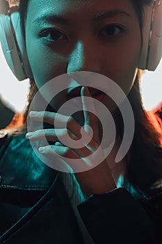 neon light face cyber music girl headphones hush