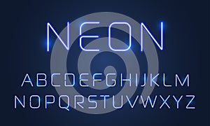 Neon light font alphabet letters set. Vector blue ultraviolet neon alphabet font lamps effect