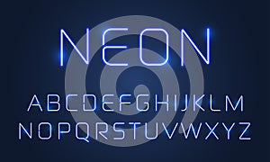 Neon light font alphabet letters set. Vector blue ultraviolet neon alphabet font with light tube lamps effect