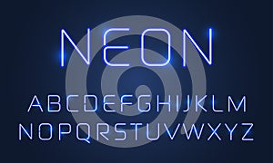 Neon light font alphabet letters set. Vector blue ultraviolet neon alphabet font lamps effect photo