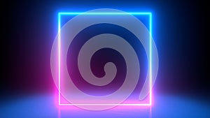 Neon light frame glowing in duotone colors. Pink and blue.  Abstract geometric background. Energy square. Futuristic concept.