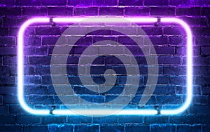 Neon light frame shining on brick wall background