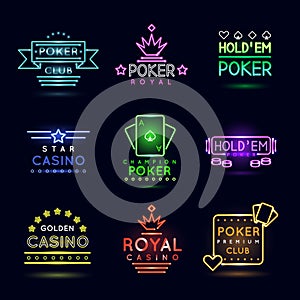 Neon light gambling emblems. Poker club and casino vector sign set