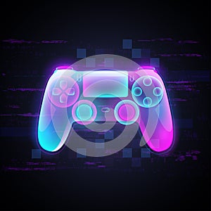 Neon light gamepad on black background photo