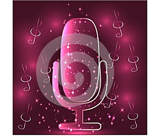Neon Light Glowing Music with Microphone Symbol Illustration Graphic.