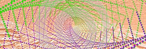 Neon light green purple dot line on abstract Peach Fuzz color of the year 2024 3d glitch background. Luxury long backdrop.