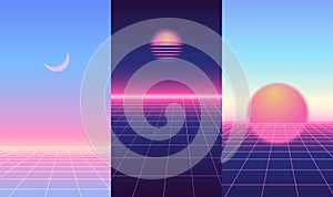 Neon light grid landscapes set. Futurism vertical Retrowave, synthwave, rave, vapor wave party backgrounds collection