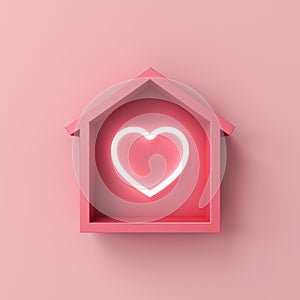 Neon light heart in minimal house isolated on pink pastel color background