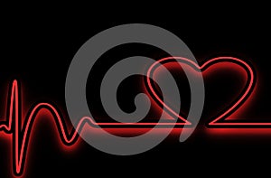 Neon light heart rate rhythm line graph red colour glow in the dark background