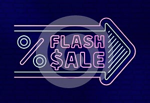 Neon light line illustration of FLASH SALE with percent and dollar sign in next arrow direction for fashion clearance sale and bar