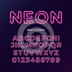 Neon light modern font. neon tube letters and numbers on dark background.