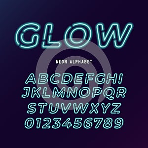 Neon light modern font. neon tube letters and numbers on dark background.