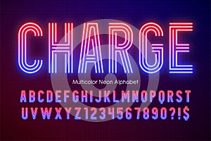 Neon light multicolor alphabet, extra glowing modern type