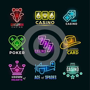 Neon light poker club and casino vector signs set