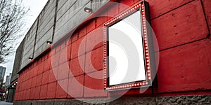 Neon light on red concrete wall and rectangle frame with vertical banner. Line frame and glowing with copy space or empty photo