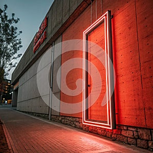 Neon light on red concrete wall and rectangle frame with vertical banner. Line frame and glowing with copy space or empty photo