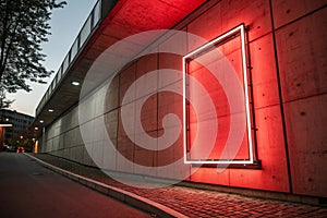 Neon light on red concrete wall and rectangle frame with vertical banner. Line frame and glowing with copy space or empty photo