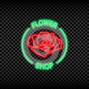 Neon light sign of flower shop. Glowing and shining bright signboard for flower store logo. Vector.