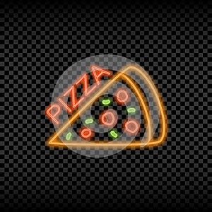 Neon light sign of pizza cafe. Glowing and shining bright signboard for pizzeria logo. Vector.