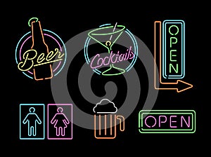 Neon light sign set icon retro bar beer open label