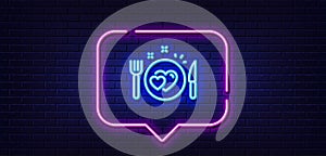 Romantic dinner line icon. Valentines day food sign. Neon light speech bubble. Vector