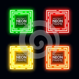 Neon light square set. Shining rectangle techno frame collection. Night club electric 3d banner on dark backdrop.