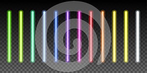 Neon light sticks set on transparent background. Blue, white, yellow, orange, green, pink, red led lines glowing vector