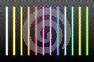 Neon light sticks set on transparent background. Blue, white, yellow, orange, green, pink, red led lines glowing vector