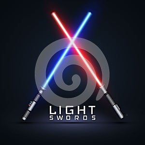 Neon light swords. Crossed light sabers isolated on darck background. Vector illustration photo