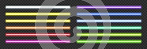 Neon light tubes set on transparent background. Blue, white, yellow, orange, green, pink, red led lines glowing vector