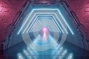 Neon light tunnel techno walkway, 3D illustration of cyberspace