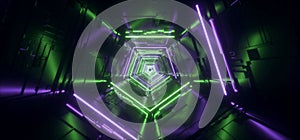 Neon Light Violet Green Hyper Pentagonal Triangle Detailed Sci Fi Futuristic Alien Spaceship Reflective Metal Corridor Tunnel Gate