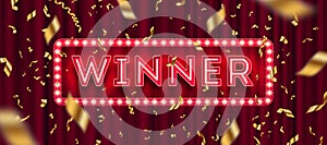 Neon light winner retro signboard and golden foil confetti against a red curtain background.