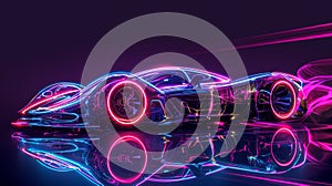 Neon Light Wireframe Racing Car Concept on Dark Background