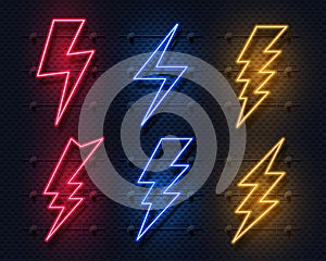 Neon lightning bolt. Glowing electric flash sign, thunderbolt electricity power icons. Vector lightning on black photo