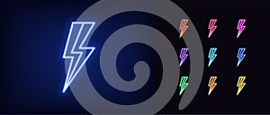 Neon lightning bolt icon. Glowing neon thunder flash sign, electrical discharge