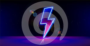 Neon lightning bolt. Thunder flash sign, electrical discharge. Retro neon glowing power sign on black background. 3d