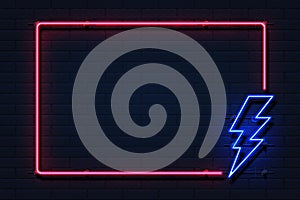 Neon lightning frame. Electricity power flash logo on black background, power outage concept. Vector lightning boarder