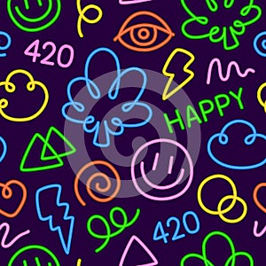 Neon Lights 420 Cartoon Doodle Weed Seamless Vector Pattern for Cannabis Dispensary or Medical Marijuana Products