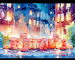 Neon lights illuminate bottle caps in a digital artwork depicting urban calamity photo