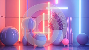 Neon lights illuminate purple vases and balls on a table. Generative AI